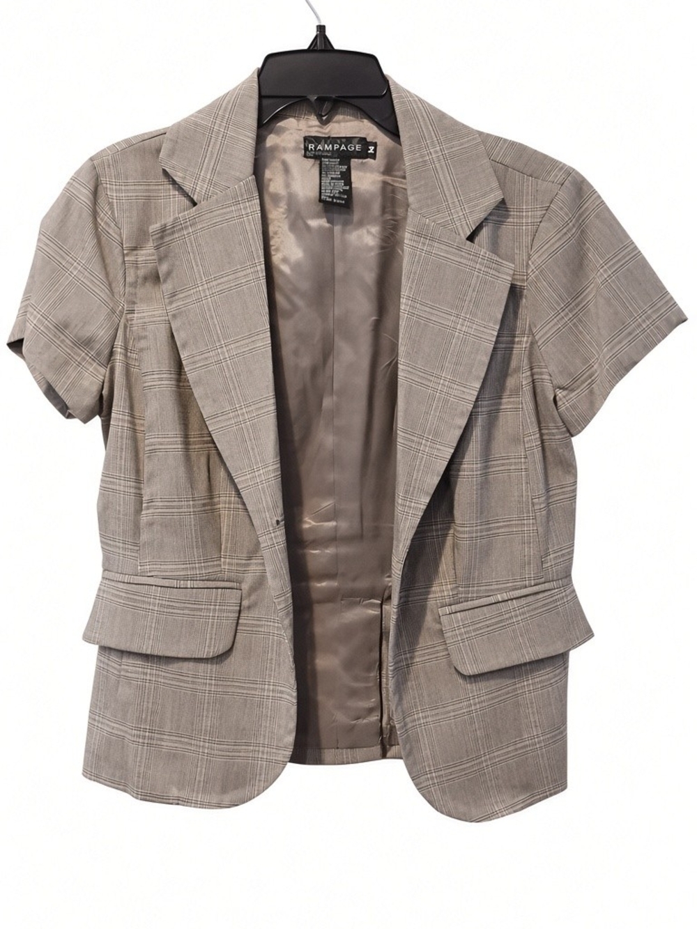 Short-Sleeve Plaid Blazer in Light Taupe